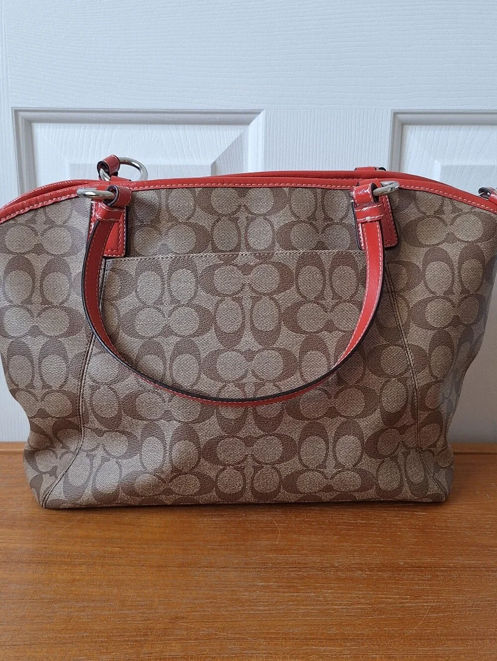 Coach Signature Coated Canvas Shoulder Bag Monogram Tote Coral Leather Trim